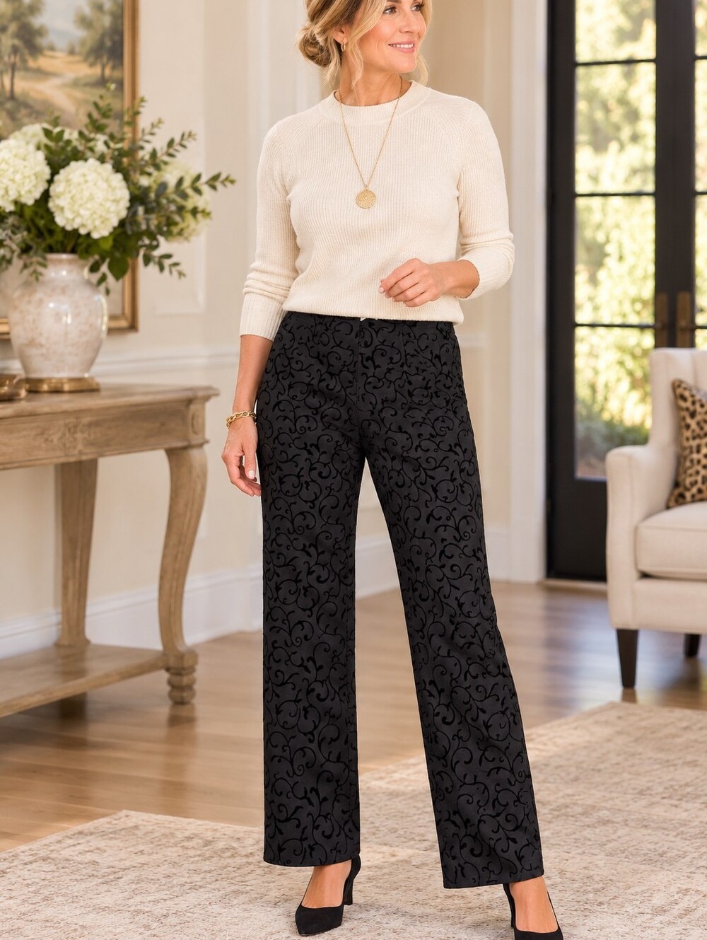 Chico's Black Flocked Velvet Scroll Pants Side Zip Size 0
